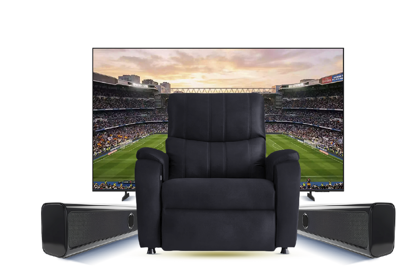 Sala equipada con TV, barras de sonido y sillón reclinable
