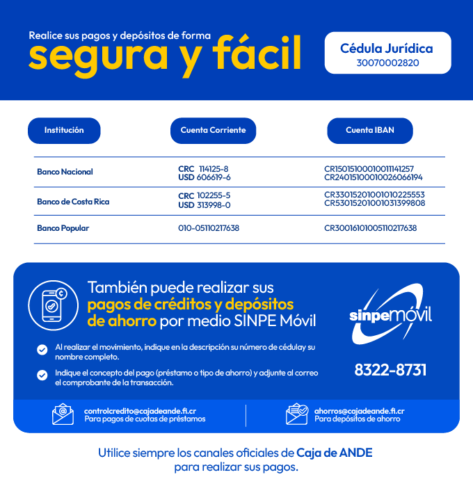 Cuentas bancarias y SINPE Móvil disponibles para realizar pagos y depósitos en Caja de ANDE